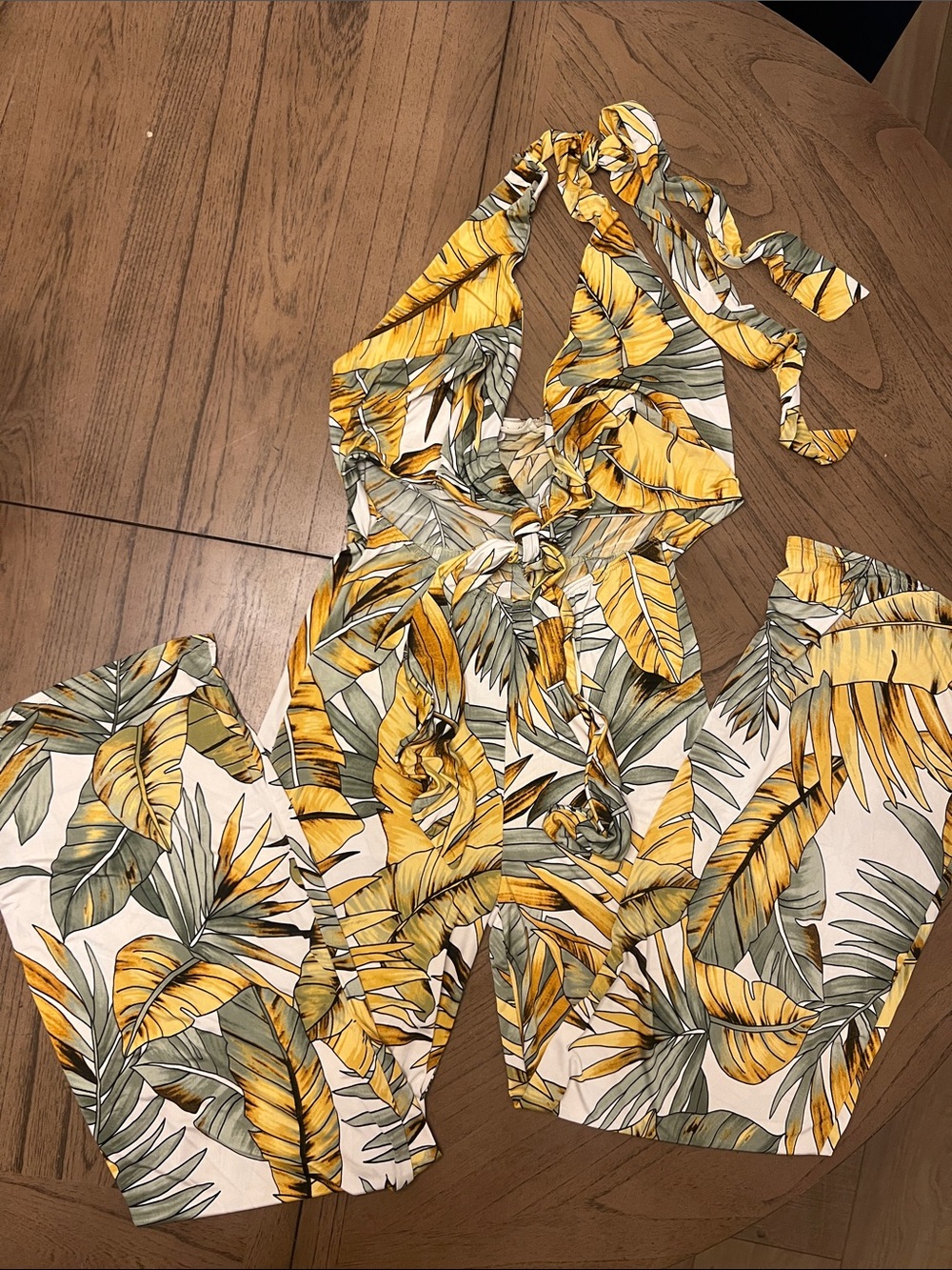 Tropical Halter Jumpsuit in Yellow Leaf Print